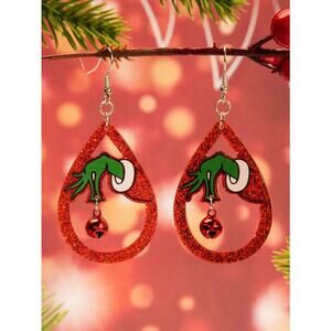 Dr Seuss Grinch Red Glitter Teardrop Dangle w/ Jingle Bell Christmas Earrings